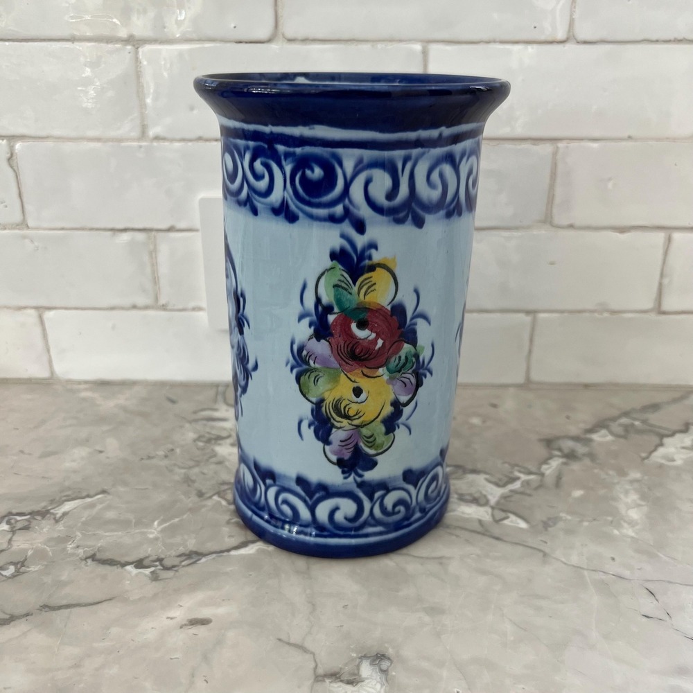 Made in Portugal Blue Floral Vase or Utensil holder‎